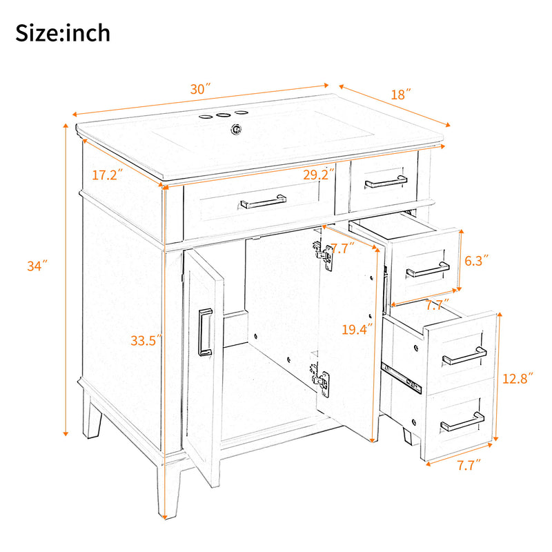 Modern Bathroom Vanity With Sink, Storage Cabinet, Soft Close Doors, Deep & Standard Drawers