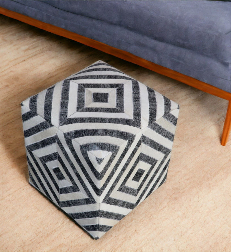 Hair on Hide Cube Geometric Pouf Ottoman - Dark Gray And Ivory