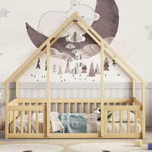 Load image into Gallery viewer, Wood House-Shaped Floor Bed With Fence, Guardrails
