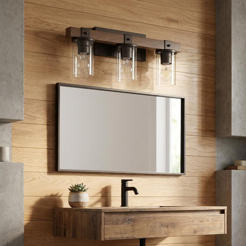 Wood Metal And Glass Three Light Bath Bar Vanity Light - Brown