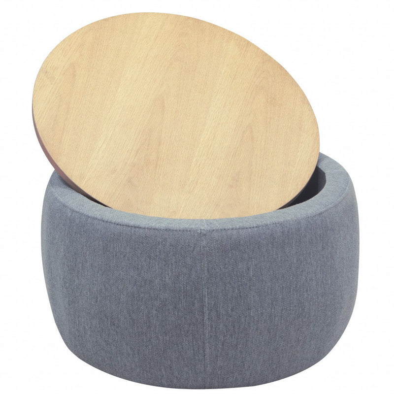 26" Fabric And Wood Reversible Tray Top Round Storage Ottoman - Dark Gray And Natural