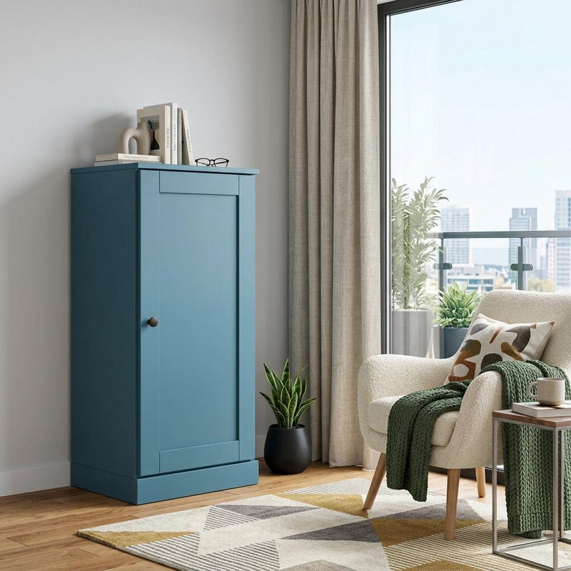Solid Wood Adjustable Three Tier Library Bookcase With One Door - Teal Blue