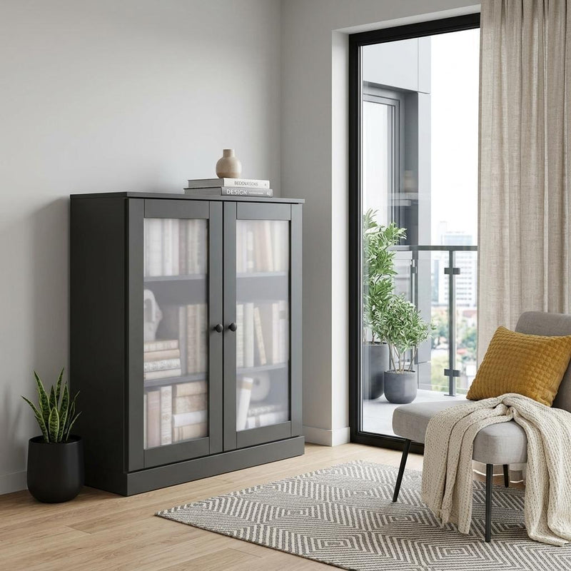 Solid Wood Adjustable Three Tier Library Bookcase With Two Doors - Gray