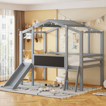 Load image into Gallery viewer, Loft House Bed With Ladder And Slide, With board And Light Strip On The Roof
