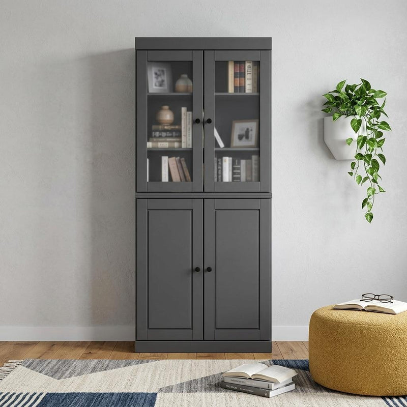Solid Wood Adjustable Six Tier Library Bookcase With Four Doors (751449) - Gray