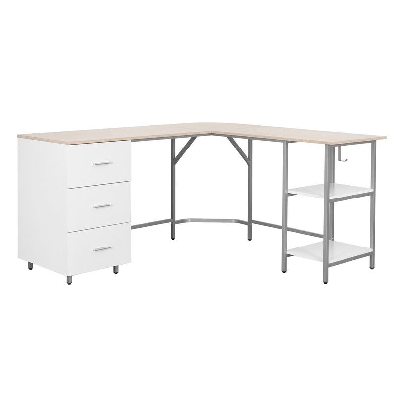 L Shape Pedestal Computer Desk With Three Drawers - Sand / Silver / White