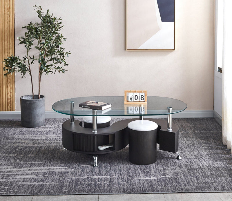 Unfinished Mirrored Glass Wood Stainless Steel Oval Coffee Table - Black