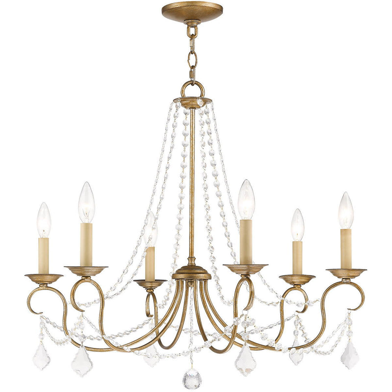 24" Six Light Dimmable Chandelier With Shades - Antiqued Gold