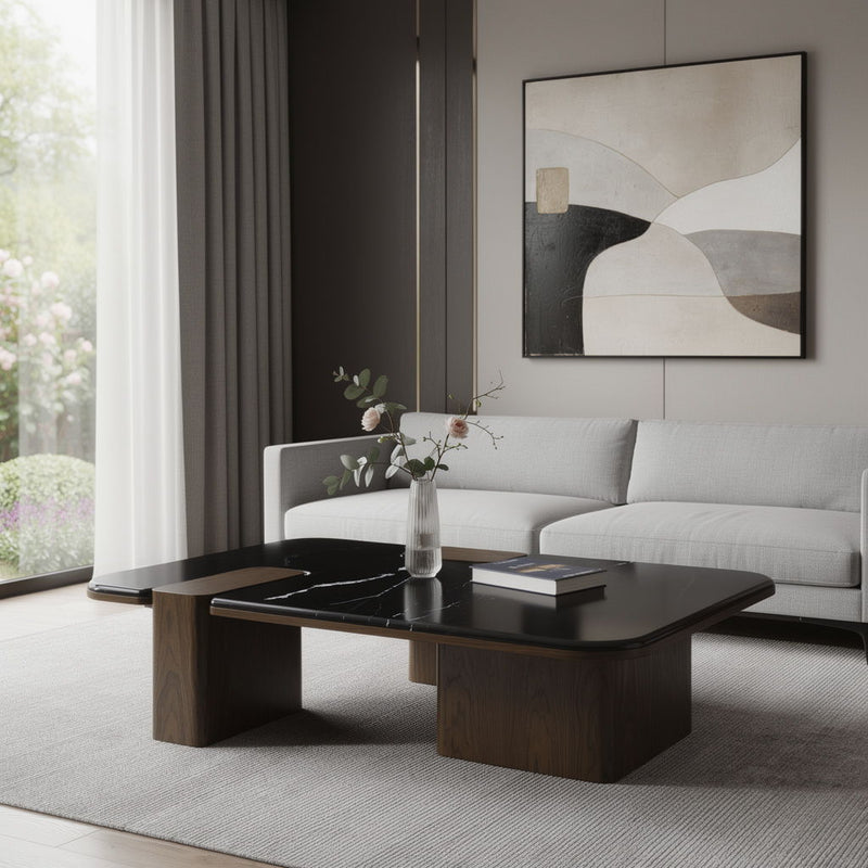 Genuine Marble Wood Coffee Table - Black / Walnut