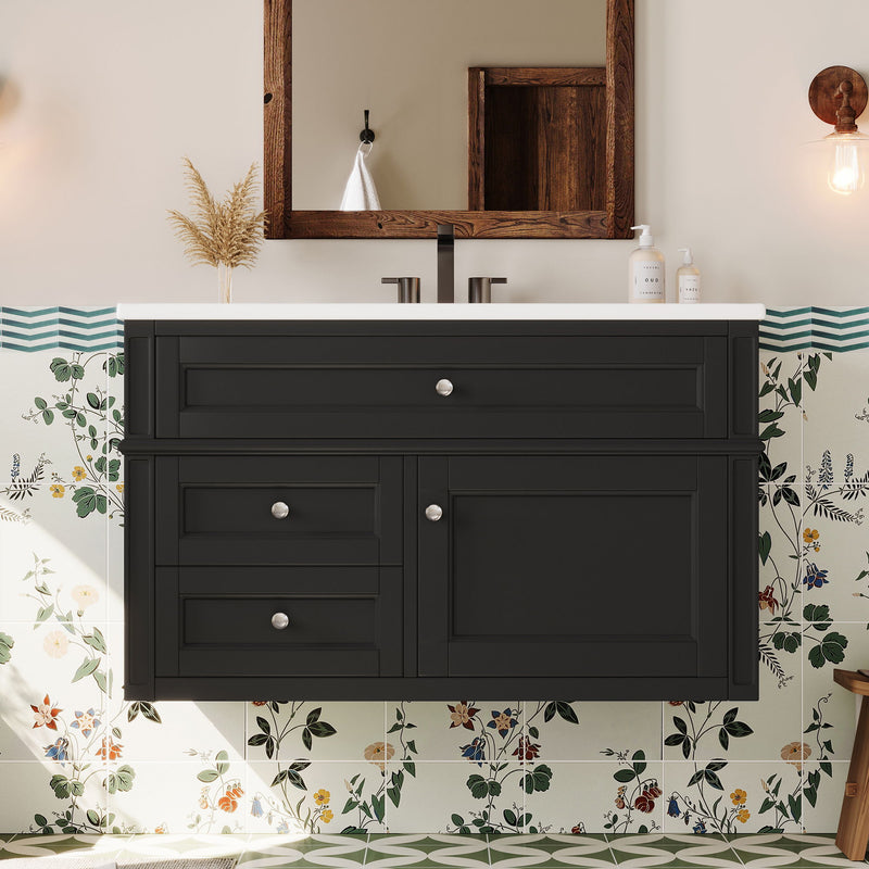 Modern Wall Mounted Floating Cabinet With Double Drawer And Sink