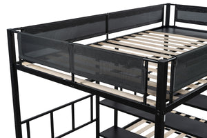 Metal Full over Twin Beds with Shelves/ Sturdy Metal Frame/ Noise-Free Wood Slats/ Comfortable Textilene Guardrail/ Bunk Bed for Three/ Built-in 3-Tier Shelves/ No Box Spring Needed