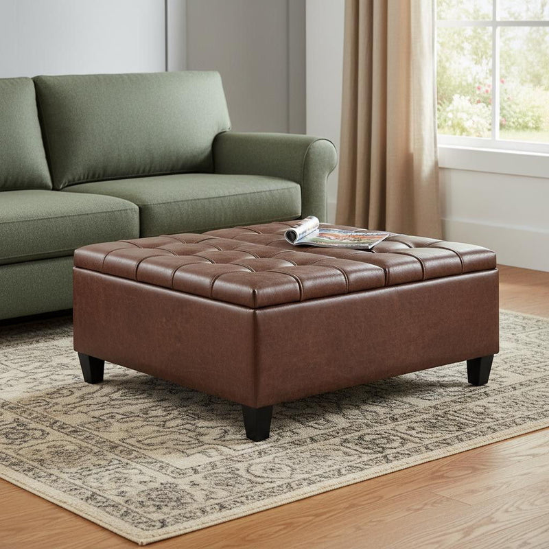Leather Cocktail Ottoman With Storage - Brown / Espresso