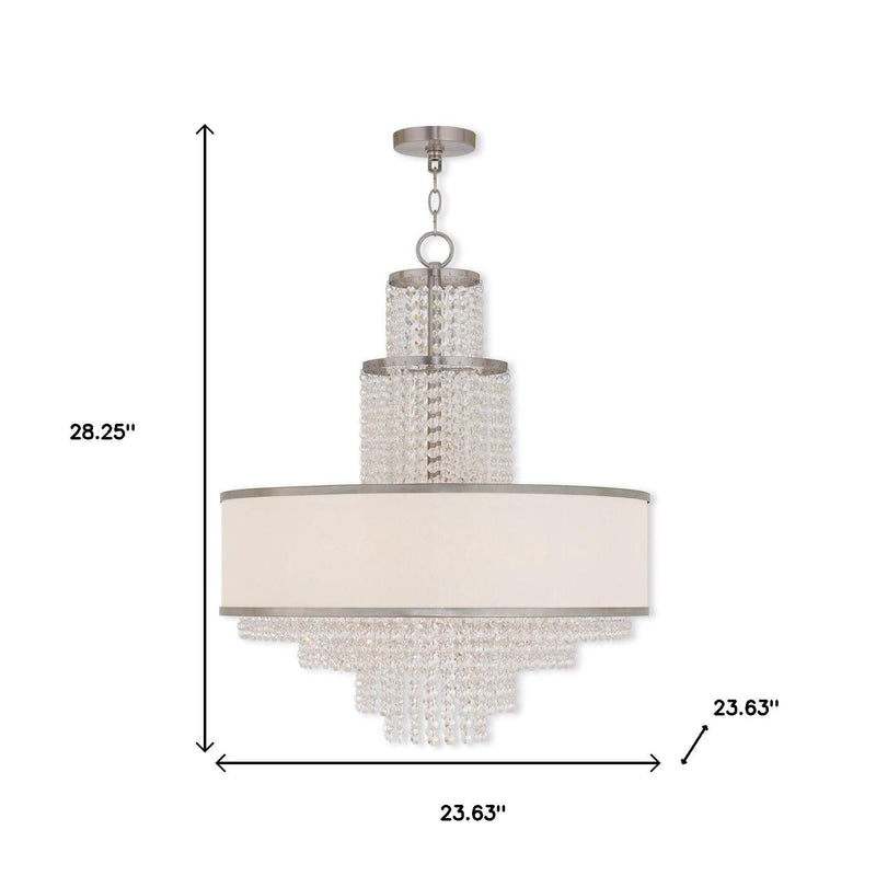 Six Light Metal Dimmable Chandelier With Shades - Nickel / Clear / Off White
