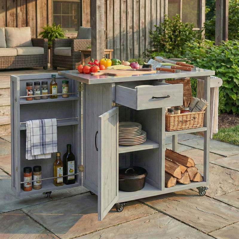 Outdoor Kitchen Island Prep Station With Lockable Wheels, Ample Storage, Towel & Spice Racks