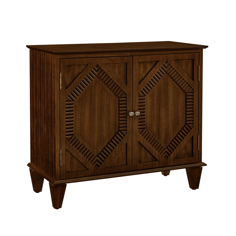 Wood Carved Geometric Accent Cabinet With Two Doors - Brown