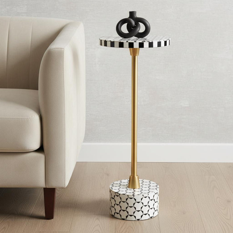 Faux Marble Iron Oval Pedestal End Table - Black / White / Gold