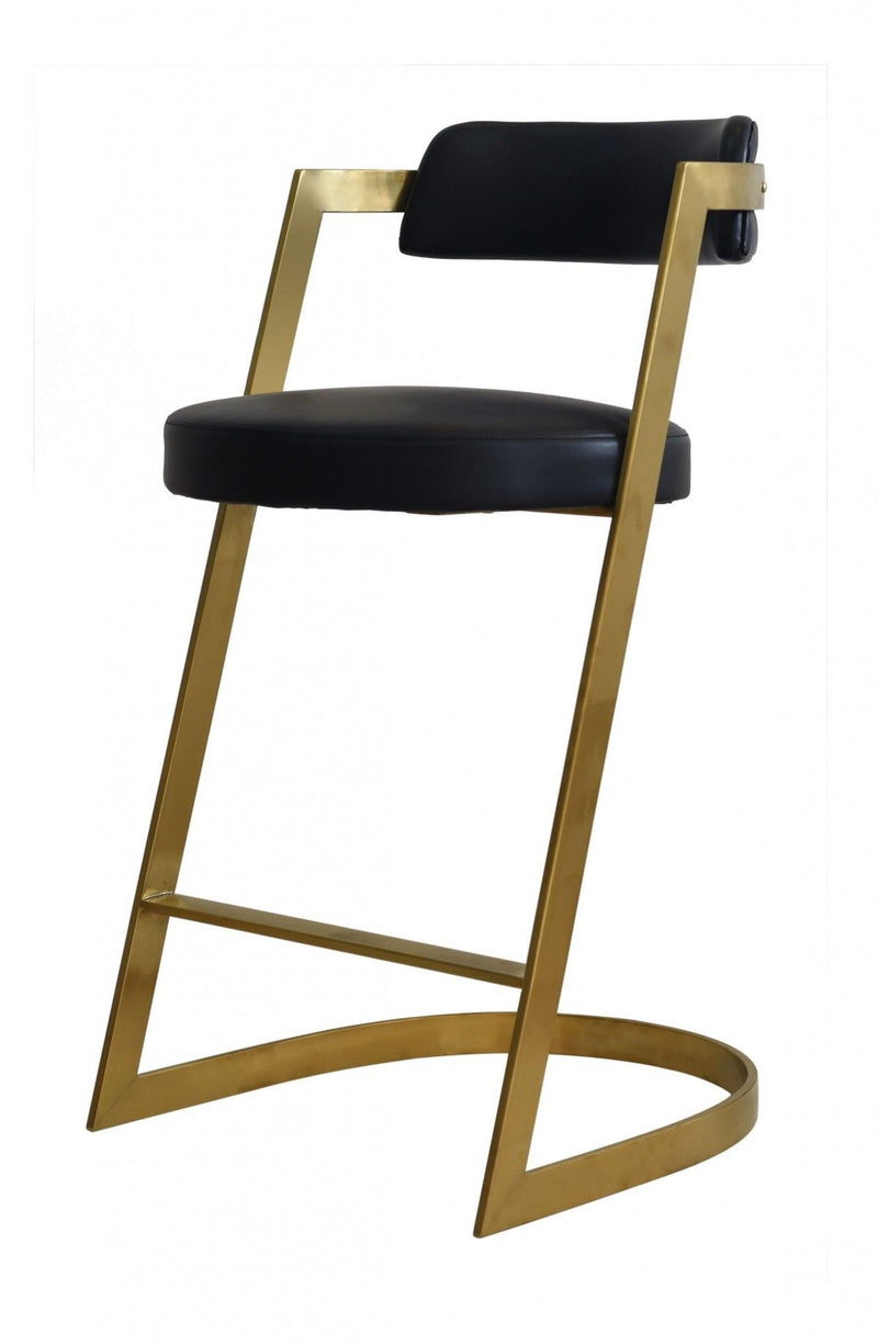 Faux Leather And Stainless Steel Low Back Counter Height Bar Chair - Black And Gold