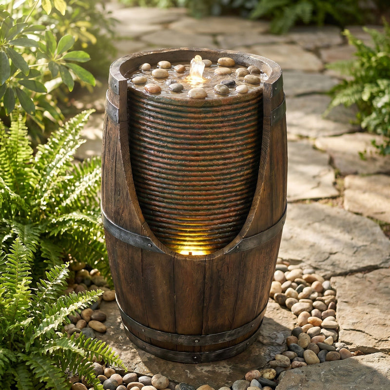 Rustic Barrel Water Fountain With LED Light