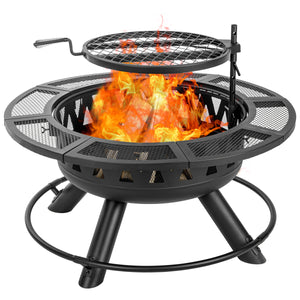 36〞Fire Pit for Outside Wood Burning Fire Pit Tables with Metal Lid,BBQ Net Black