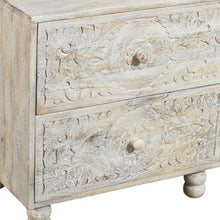 Load image into Gallery viewer, 24" Solid Wood Distressed Carved Scrollwork Two Drawer Nightstand - Natural And White
