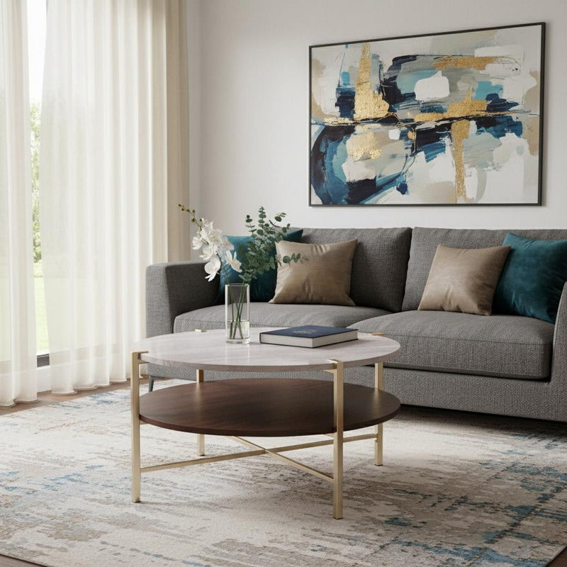 Solid Wood Manufactured Wood Metal Round Coffee Table - Brass