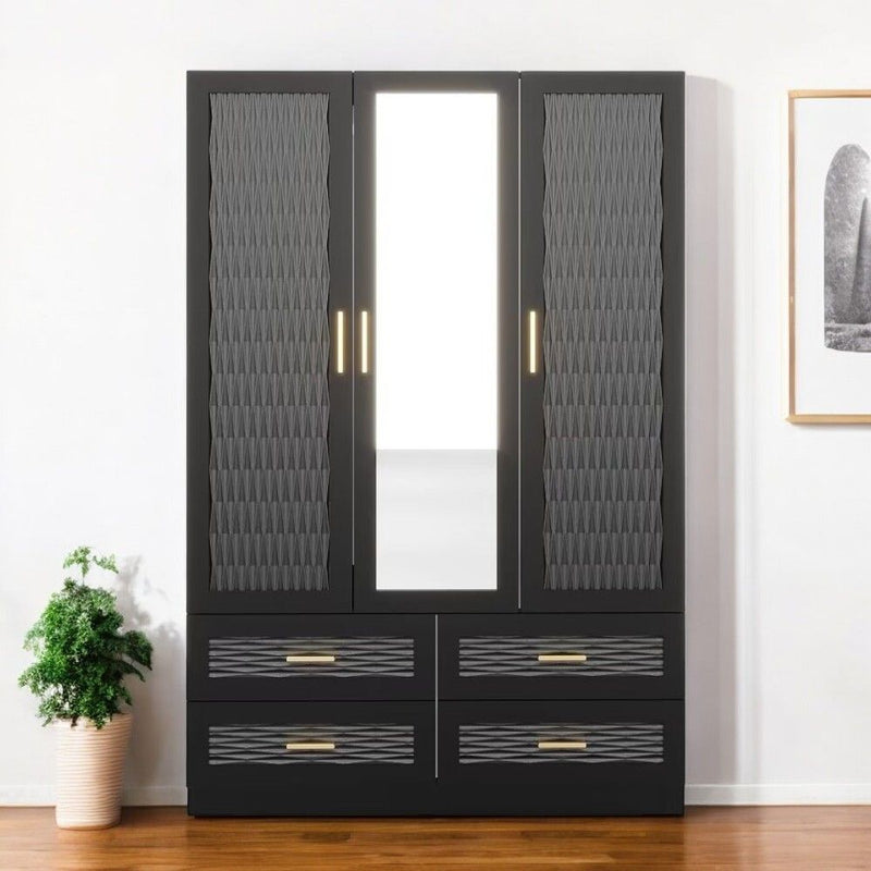 71" Carved Geometric Mirro Three Door Four Drawer Combo Dresser - Black