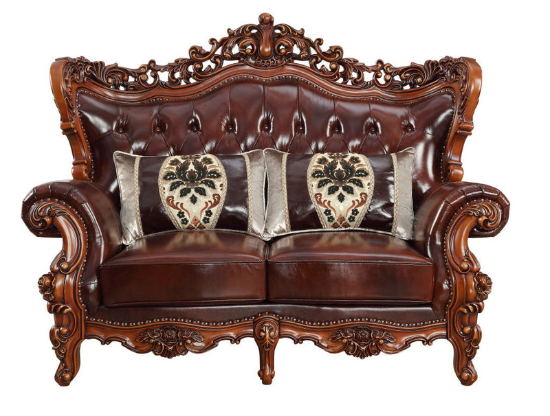 69" Top Grain Leather Curved Loveseat And Toss Pillows - Brown And Walnut