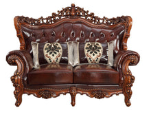 Load image into Gallery viewer, 69" Top Grain Leather Curved Loveseat And Toss Pillows - Brown And Walnut
