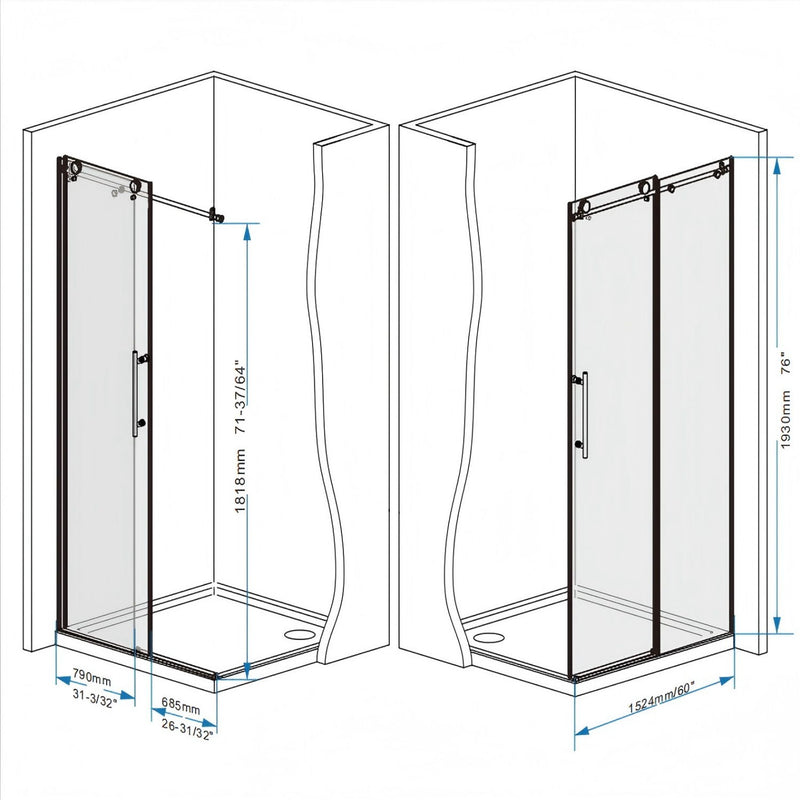 Frameless Shower Door, Smooth Sliding Tracks