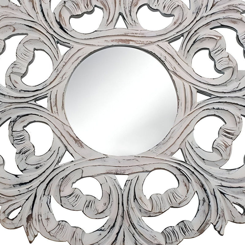 24" Floral Scrollwork Distressed Round Framed Accent Mirror - White
