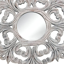Load image into Gallery viewer, 24" Floral Scrollwork Distressed Round Framed Accent Mirror - White
