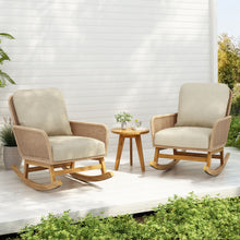 Load image into Gallery viewer, Modern 3 Piece Outdoor Seating Set With Cushioned Rattan Rocking Chairs And Wooden Accent Table
