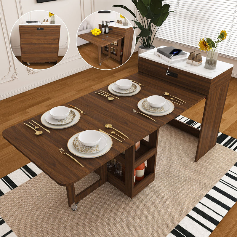 Extendable Dining Table With Power Socket, Lockable Casters, Storage Cabinet
