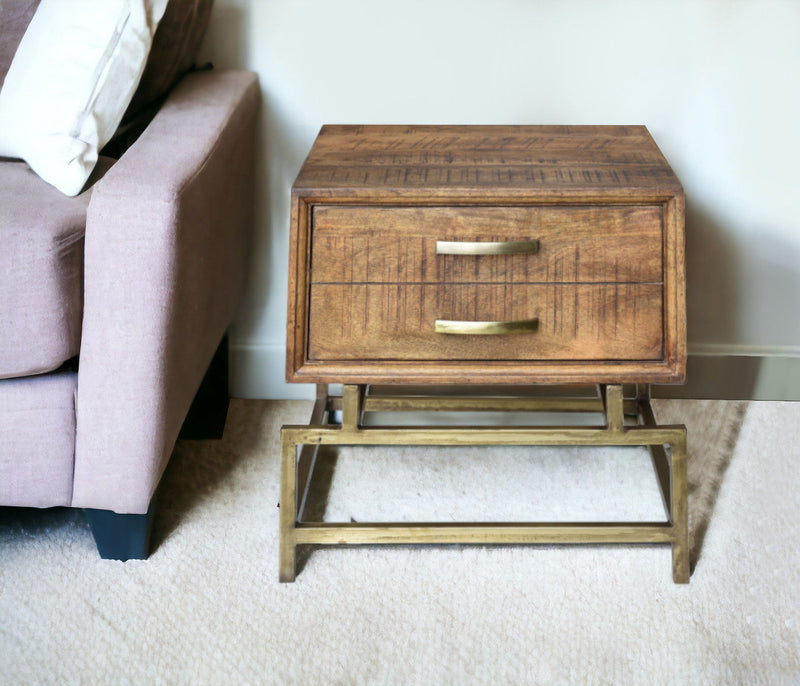 Solid Wood And Iron Square End Table With Drawer - Brass And Brown