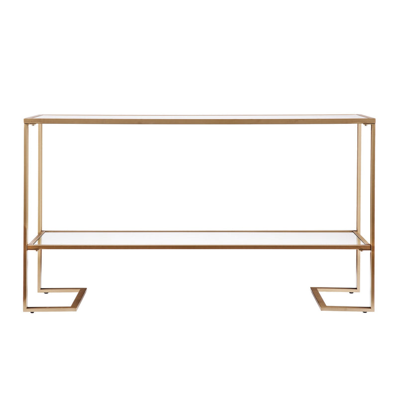 Glass Mirrored Sled Console Table With Shelves - Clear / Gold