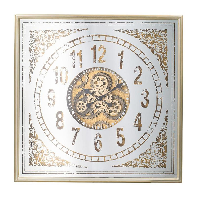 Square Mirror Analog Exposed Gear Wall Clock - Gold / Silver