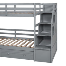 Load image into Gallery viewer, Twin over Twin Bunk Bed with Storage Staircase, Slide and Drawers, Desk with Drawers and Shelves, Gray
