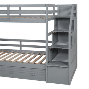 Twin over Twin Bunk Bed with Storage Staircase, Slide and Drawers, Desk with Drawers and Shelves, Gray