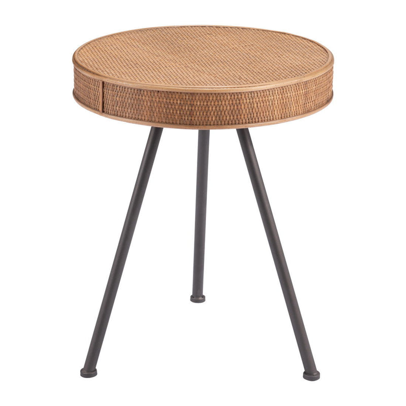 23" Rattan And Steel Round End Table - Brown