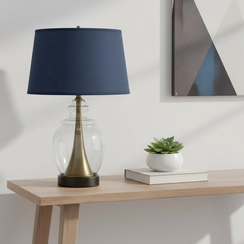Glass Table Lamp With Navy Blue Empire Shade - Antiqued Brass