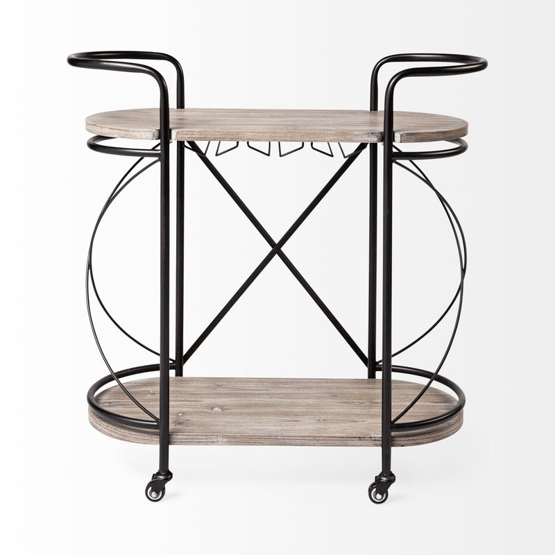 Solid Wood Steel Round Rolling Kitchen Cart With Storage - Black