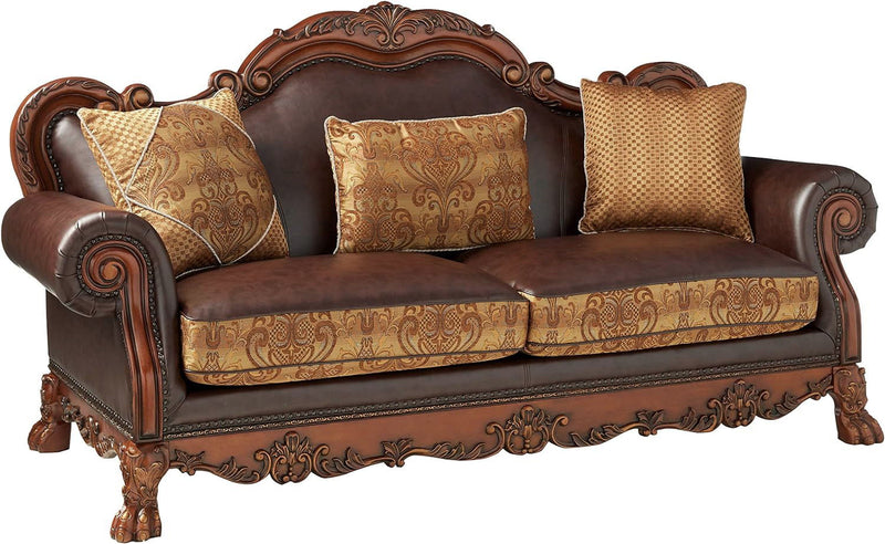 Chenille Faux Leather And Wood Damask Sofa With Toss Pillows - Brown