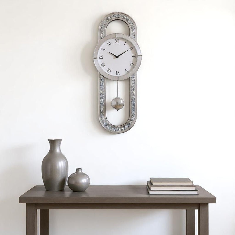 Mirrored Silent Analog Oval Wall Clock - Silver