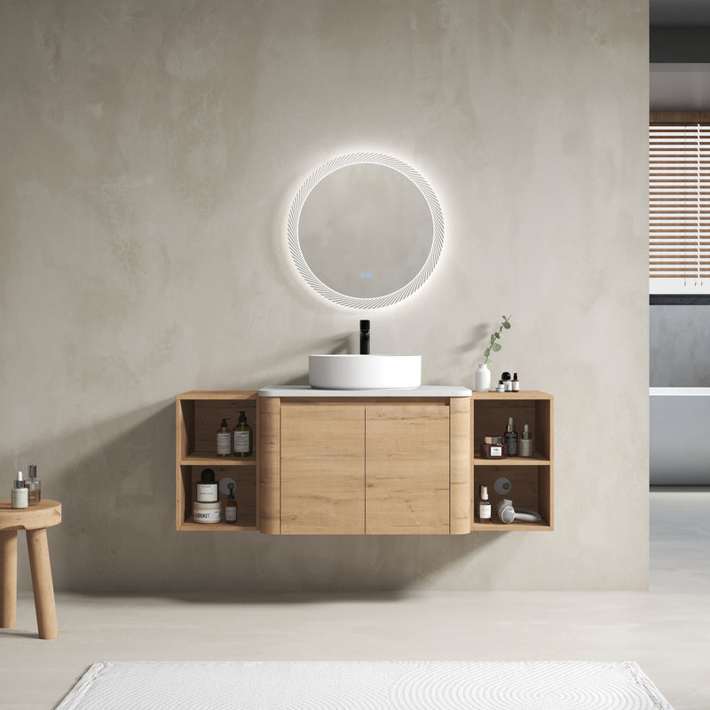 Wall Mounted Bathroom Vanity With Art Sink, 2 Storage Shelves, Soft Close Door