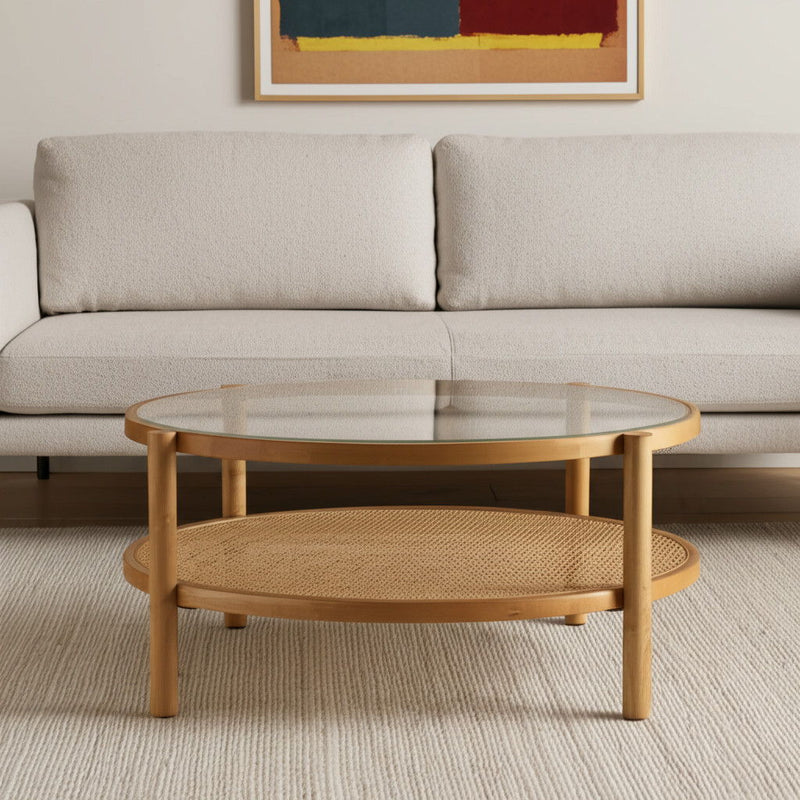 34" Glass And Solid Wood Round Coffee Table With Shelf - Clear And Natural