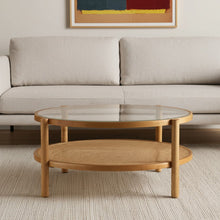 Load image into Gallery viewer, 34" Glass And Solid Wood Round Coffee Table With Shelf - Clear And Natural
