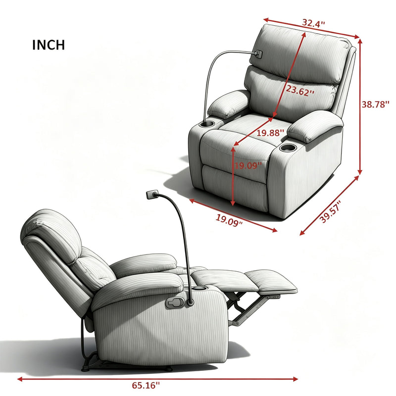 Adjustable Manual Recliner, Ergonomic Lounge Chair With Phone Holder And 2 Cup Holders