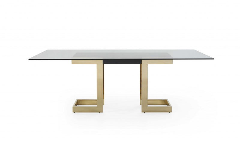 87" Glass And Stainless Steel Double Pedestal Base Dining Table - Clear / Gold
