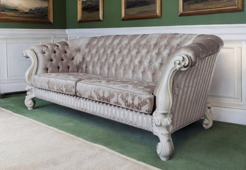 Velvet Damask Sofa And Toss Pillows With Bone Legs - Ivory