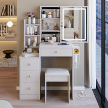 Load image into Gallery viewer, Cabinet Vanity Table &amp; Cushioned Stool, USB Power Station, Hair Dryer Bracket - White
